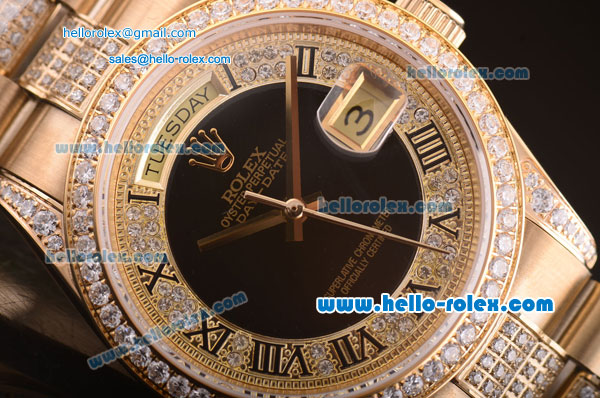 Rolex Day-Date Swiss ETA 2836 Automatic Movement Full Rose Gold with Diamond Bezel/Strap and Black Dial - Click Image to Close